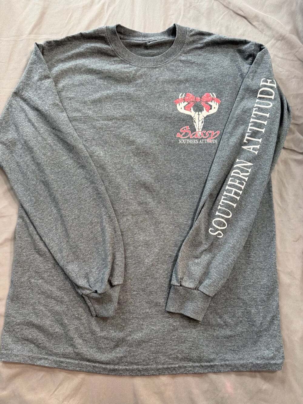 Southern Attitude Sassy Dogwood Deer Skull Long Sleeve T-Shirt Grey